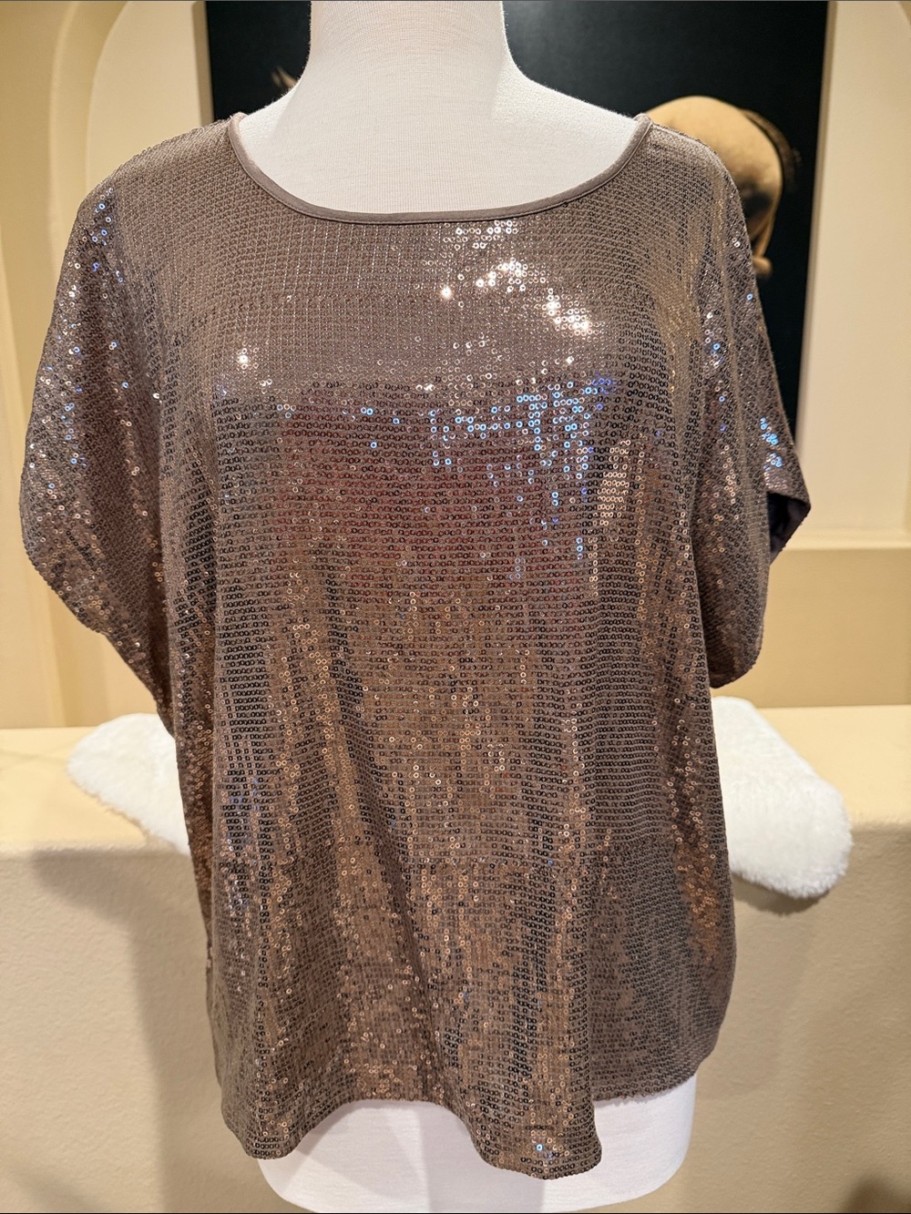 Trina Turk Taupe Sequin Short-Sleeve Top